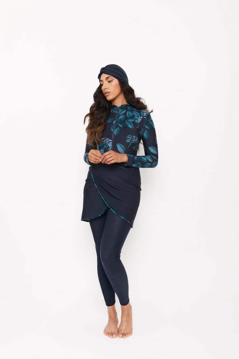 Modest Trendy Botonical Navy Blue Burkini