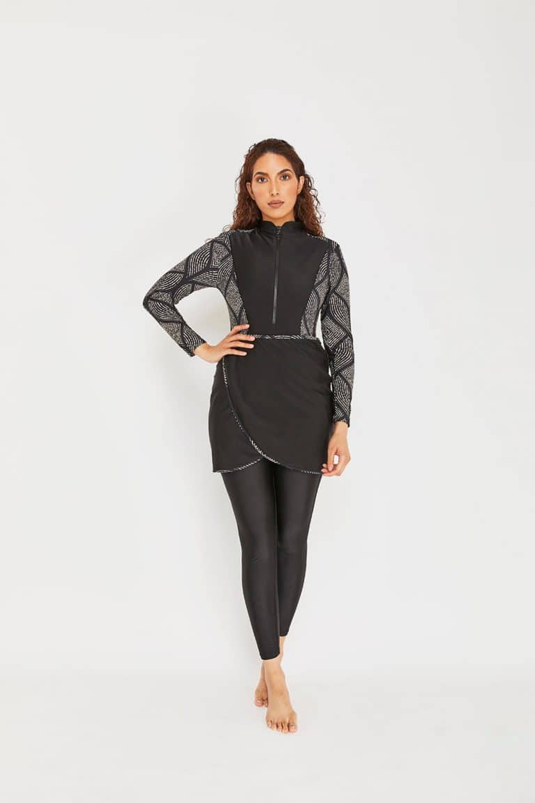 Modest Trendy Black White Botonical Burkini