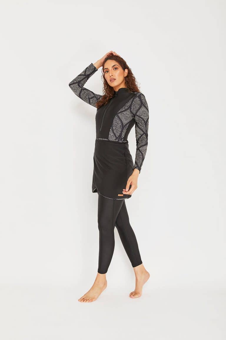 Modest Trendy Black White Botonical Burkini