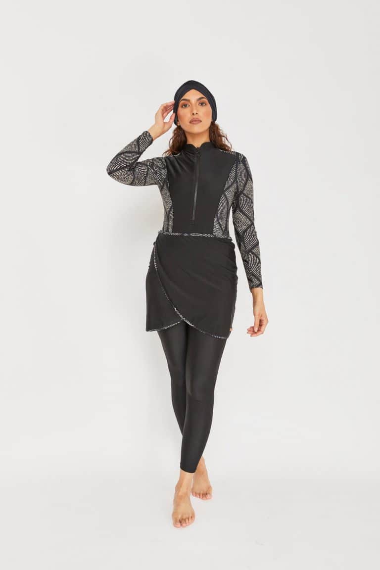 Modest Trendy Black White Botonical Burkini